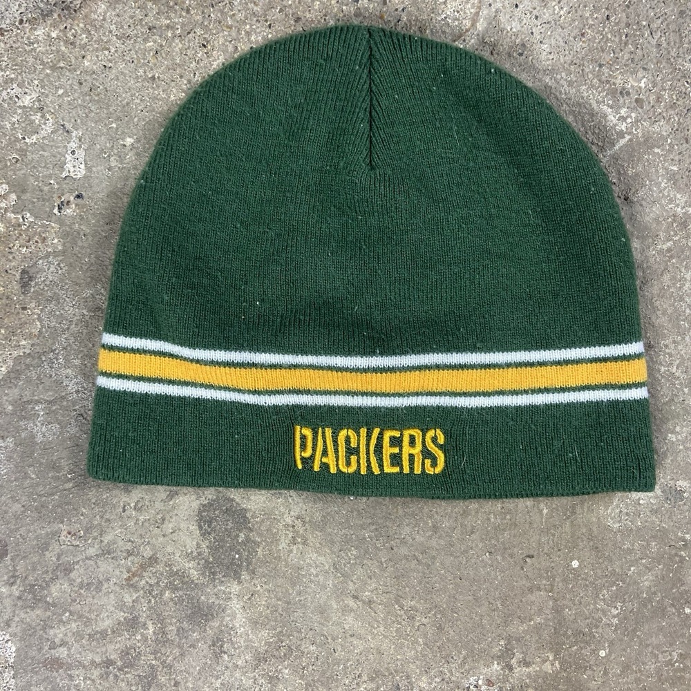 Vintage Green Bay Packers Knit Beanie Hat Green Yellow NFL‎ Embroidered Football